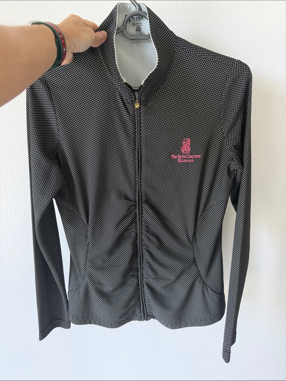 Women’s Black Microdot Zip-Up Jacket with Pink Logo from Ritz Carlton Kapalua HI